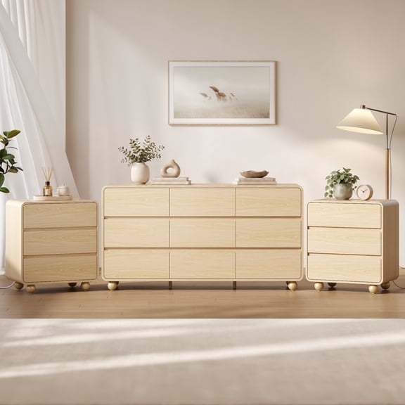 Aufeile Bedroom Dresser and Nightstand 3 Piece Set, 58.93" 9 Drawer Wood Dresser & 3 Drawer Nightstand Set of 2 with Charging Station, Modern Curved Bedroom Furniture Set, Chest of Drawers, Naural