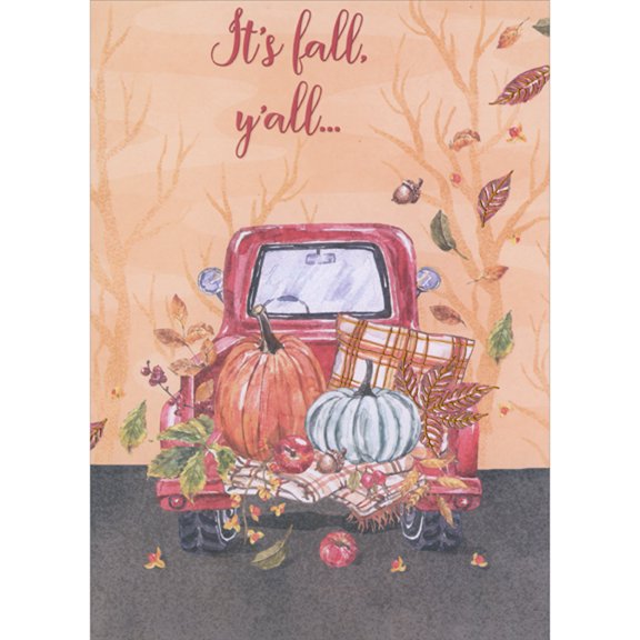 Designer Greetings It's Fall Y'All: Pumpkins and Gourds in Bed of Red Pickup Truck Halloween Card