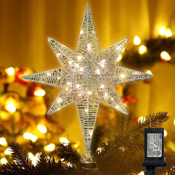 Christmas Star Tree Topper, Lighted 14.5” Gold Star Tree Toppers with 100 LED Lights Christmas Tree Top Ornament for New Year Holiday Home Office Indoor Decorations