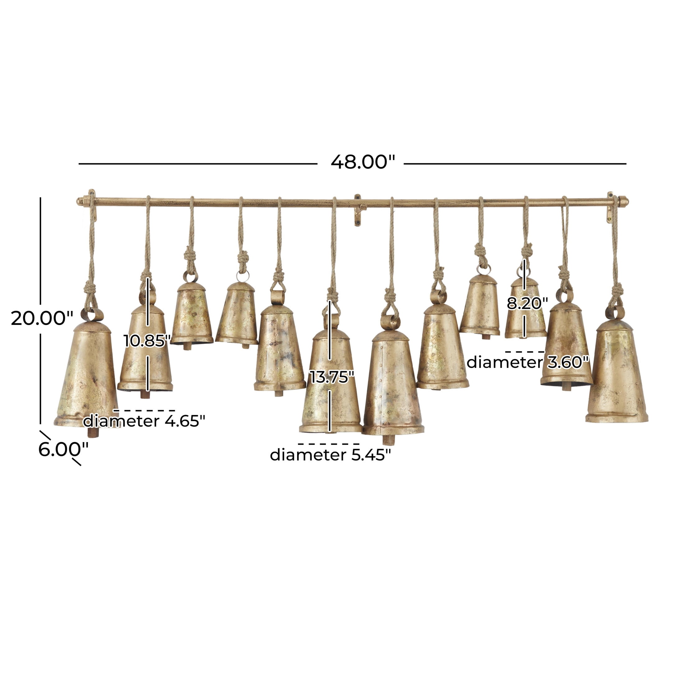 DecMode Tibetan Inspired Bronze Metal Conical Decorative Cow Bells with 12 Bells on Jute Hanging Rope and Metal Rod