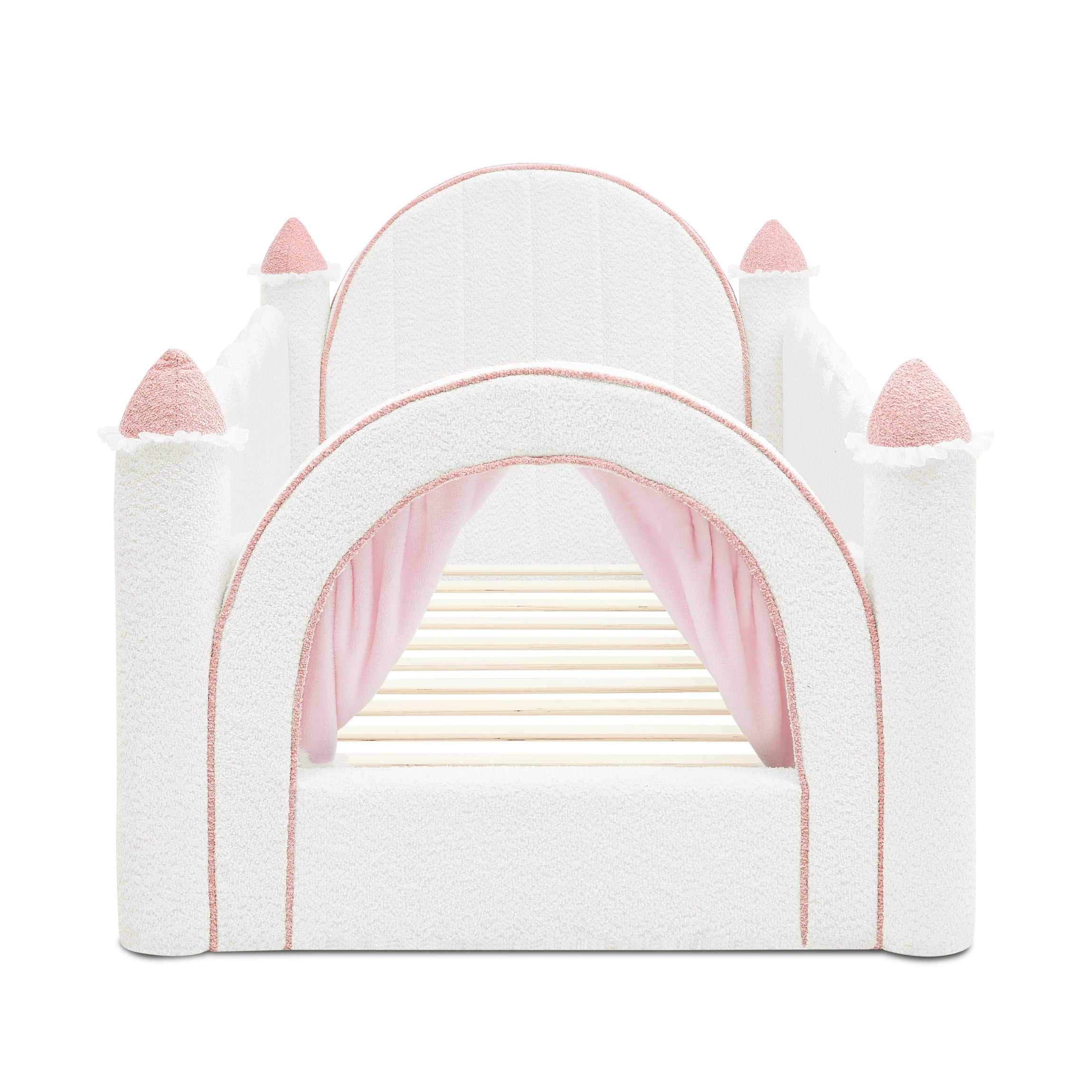 Twin Size Castle-Shaped Kids Floor Bed with Safety Guardrail, Low Profile Upholstered Platform Bed Frame with Small Curtain