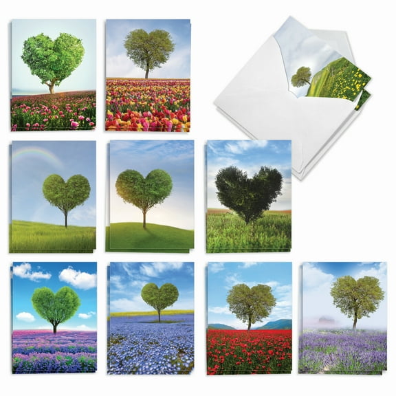The Best Card Company 20 Assorted Blank Notecards Bulk Box Set 4 x 5.12 Inch with Envelopes (10 Designs, 2 Each) Heart Trees AM8994OCB-B2x10