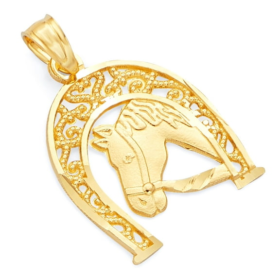 Wellingsale 14K Yellow Gold Polished Ornate Lucky Horseshoe Pendant