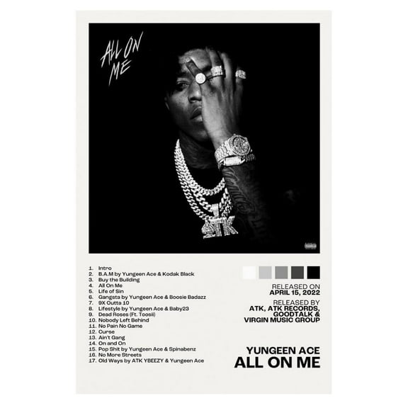 Yungeen Ace - All On Me Album Cover Music Poster Rap Home Decor For Living Room Hip-Hop Aesthetic Rapper Album Wall Art Records Poster Wall Decor For Bedroom