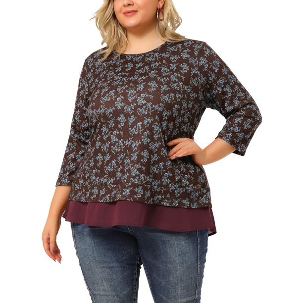 Blude talgrande pamujer, floral, man3/4, cuello redondo, capas dobles, top peplum asimétricos Rojo marrón XXL