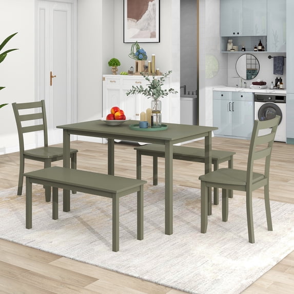 Paproos 5 Piece Dining Table Set, New Upgraded Wooden Kitchen Table with 2 Dining Chairs and 2 Benches Set, Farmhouse Style Dinette Set Wood Dining Room Table Set for 4-6, Green