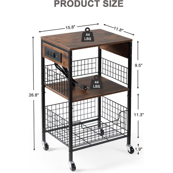 End Table with Charging Station, 3-Tier Rolling Side Table with Storage Basket & Wheels, Metal Side End Table for Living Room Bedroom Office, Rustic Brown