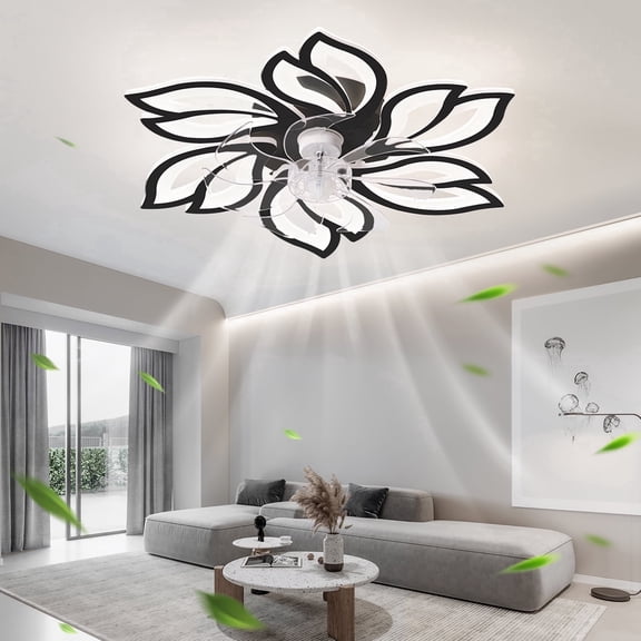 Eowynic 25.5 Inch Modern Ceiling Fans with Lights, Flush Mount, DC Motor, 6-Speed, Dimmable LED Light, Black