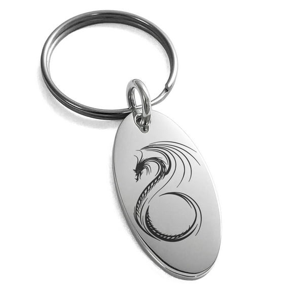 Tioneer Stainless Steel Serpentine Dragon Engraved Small Oval Charm Keychain Keyring