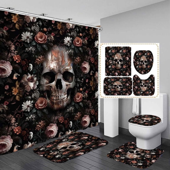 4PCS Sugar Skull Shower Curtain Sets with Rugs, Waterproof Fabric Shower Curtain, Gothic Goth Scary Spooky Skeleton Blue Pink Floral Blossom Plant Leaves Wildflower Flower Bathroom Decor