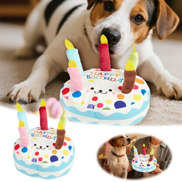 Birthday Cake Rainbow Pattern Fabric Animal Whistle Birthday Cake Shape Chew Interactive for Small and Medium Sized