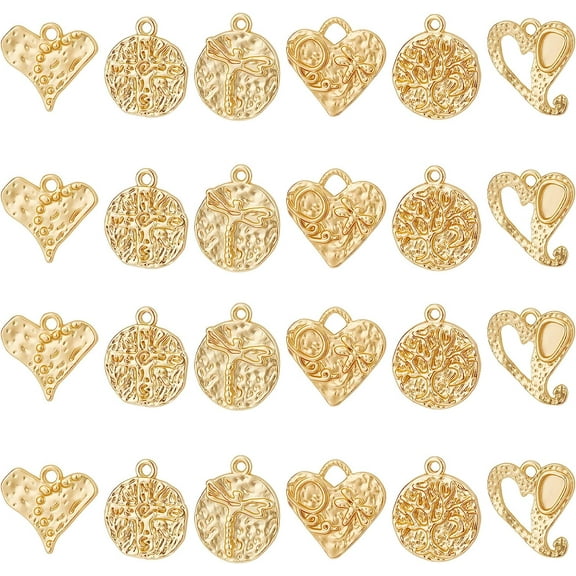 24Pcs 14K Gold Plated Pendants 6 Style Heart Flat Round Dragonfly Cross Alloy Charms Pendants for DIY Earring Jewelry Making