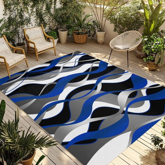 Blue Black Stripes Outdoor Rug for Patio/Deck/Porch, Non-Slip Large Area Rug 6 x 9 Ft, Modern Abstract Ombre Grey White Lines Indoor Outdoor Rugs Washable Area Rugs, Camping Rug Carpet Runner