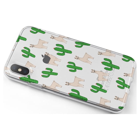 DistinctInk Clear Shockproof Hybrid Case for iPhone X / XS (5.8" Screen) - TPU Bumper, Acrylic Back, Tempered Glass Screen Protector - Llamas and Cacti Cactus