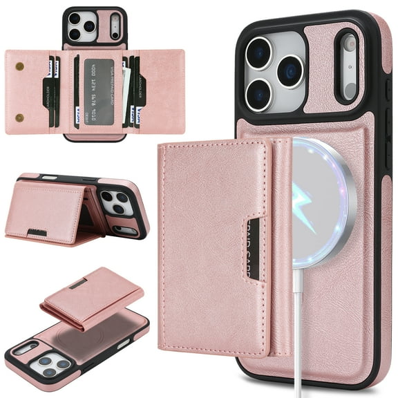 Allytechgroup Wallet Case for iPhone 17 Pro with Detachable Cards Holder, Compatible with Mag-safe PU Leather Stand Shell Shockproof Protective Magentic Back Cover for Women Men, Rosegold
