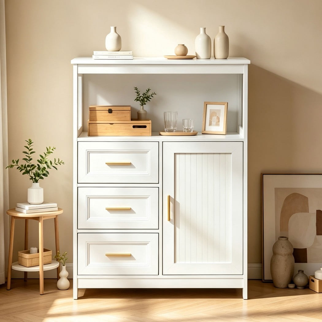 Modern Buffet Cabinet, Kitchen Storage Cabinet with 3 Drawers & 1 Door, Sideboard Cabinet with Wide Countertop for Dining Room, Living Room, Entryway & Bathroom, White