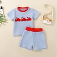 thumbnail image 2 of Xudanell Toddler Boy Spring Summer Outfits Knit 4th of July Popsicle Embroidery Short Sleeve T Shirt Top Set with Plaid Shorts Light Blue 3-6 Months, 2 of 7