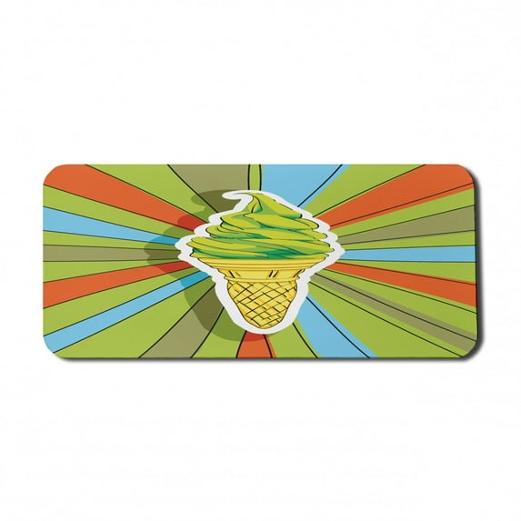Art Computer Mouse Pad, Hand Drawn Ice Cream on Cone with Colorful Rays Coming out from the Middle, Rectangle Non-Slip Rubber Mousepad X-Large, 35" x 15", Lime Green Multicolor, by Ambesonne