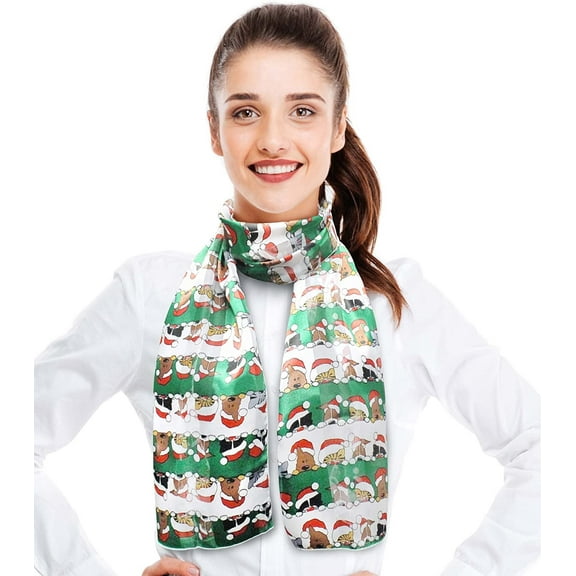 CBC Crown Women's Lightweight Christmas Friends Printed Christmas Themed Silk Feeling 13" x 60" Scarf