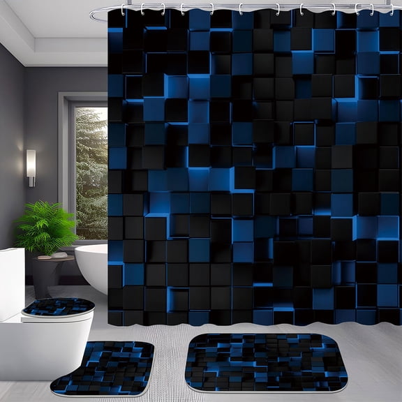 4pcs Modern Blue and Black 3D Cube Shower Curtain Set for Bathroom