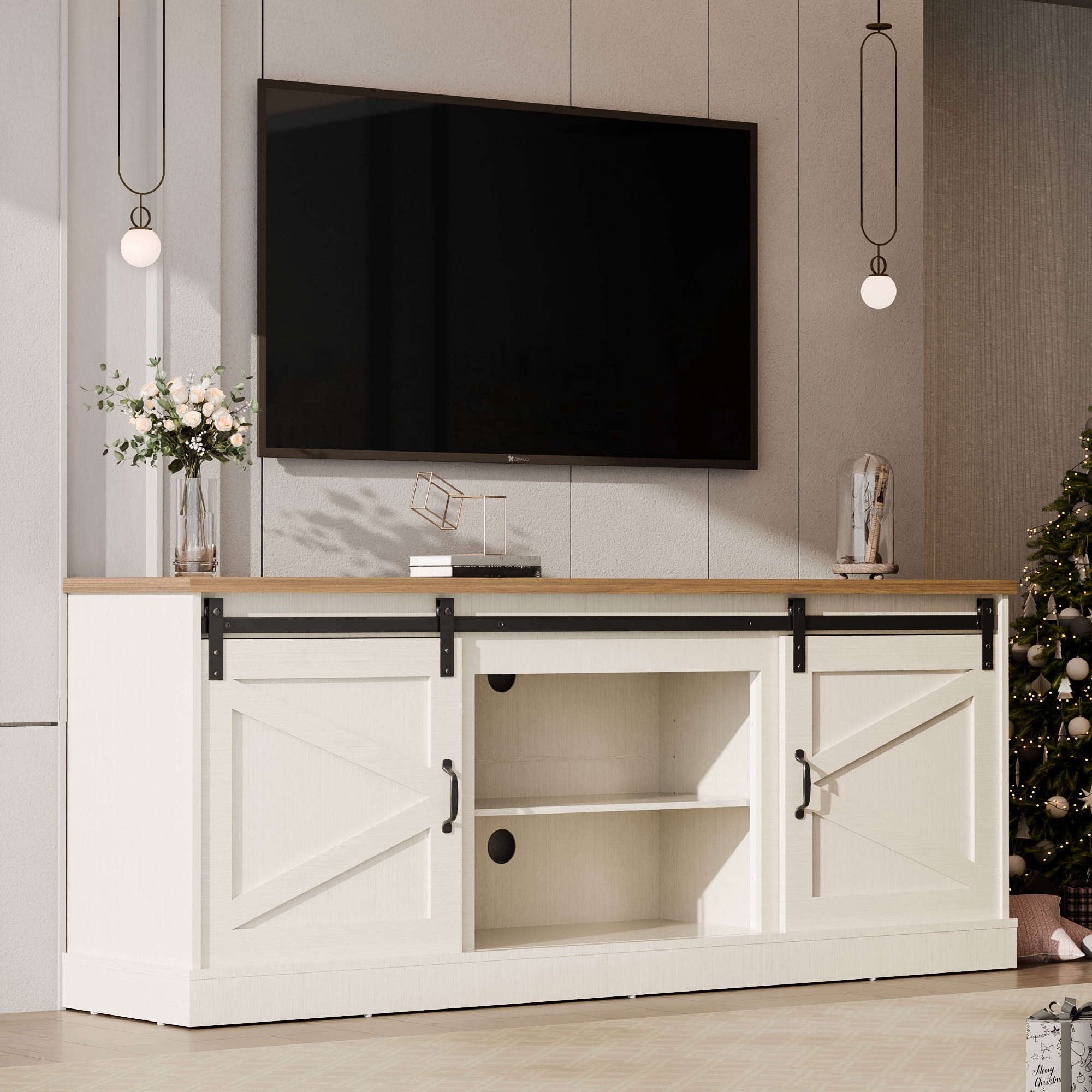 ALAULM Farmhouse 75" TV Stand, Entertainment Center with Sliding Barn Doors and Storage Cabinets, Suitable for Living Rooms, White