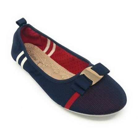 

Victoria K Women s Engineerd Strips Slip On With White Sole Ballerina Flats