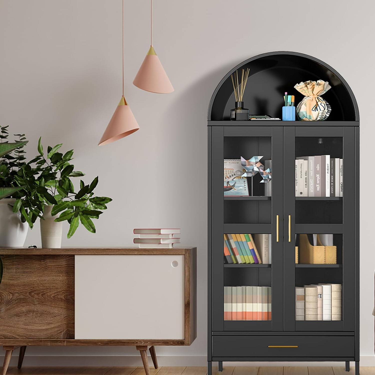 M optimized 73" Arched Pantry Cabinet with Glass Door, 2 Adjustable Shelves & Drawers, Modern Metal Bookcase, Freestanding Display Cabinet for Living Room Dinning Room, Black