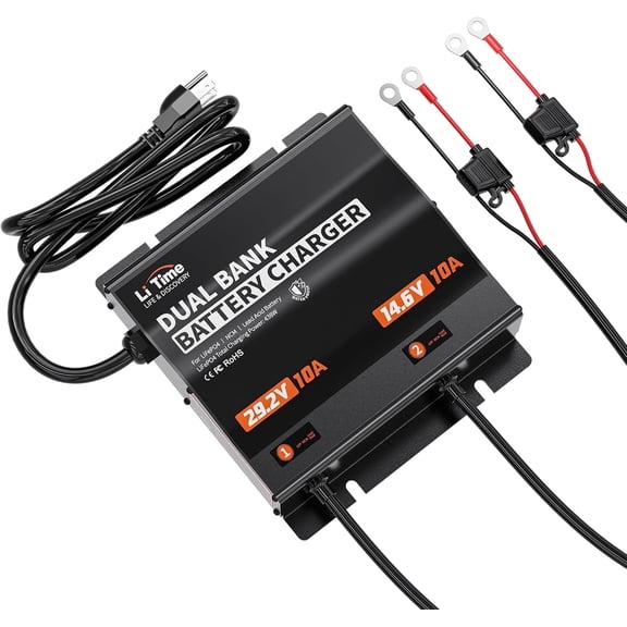 LiTime 2-Bank（29.2V 10A & 14.6V 10A Lithium Battery Charger for 24V(25.6V)/12V(12.8V) LiFePO4 Battery, AC-DC Smart Charger with IP65 Waterproof, LED Indicator for Boat, Golf Cart, RV and Home