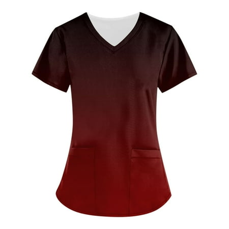 

Sksloeg Womens Scrub Tops Gradient Top Short Sleeve V-Neck Shirts Tee Tops with Pockets Nursing Working Uniform Wine XXL