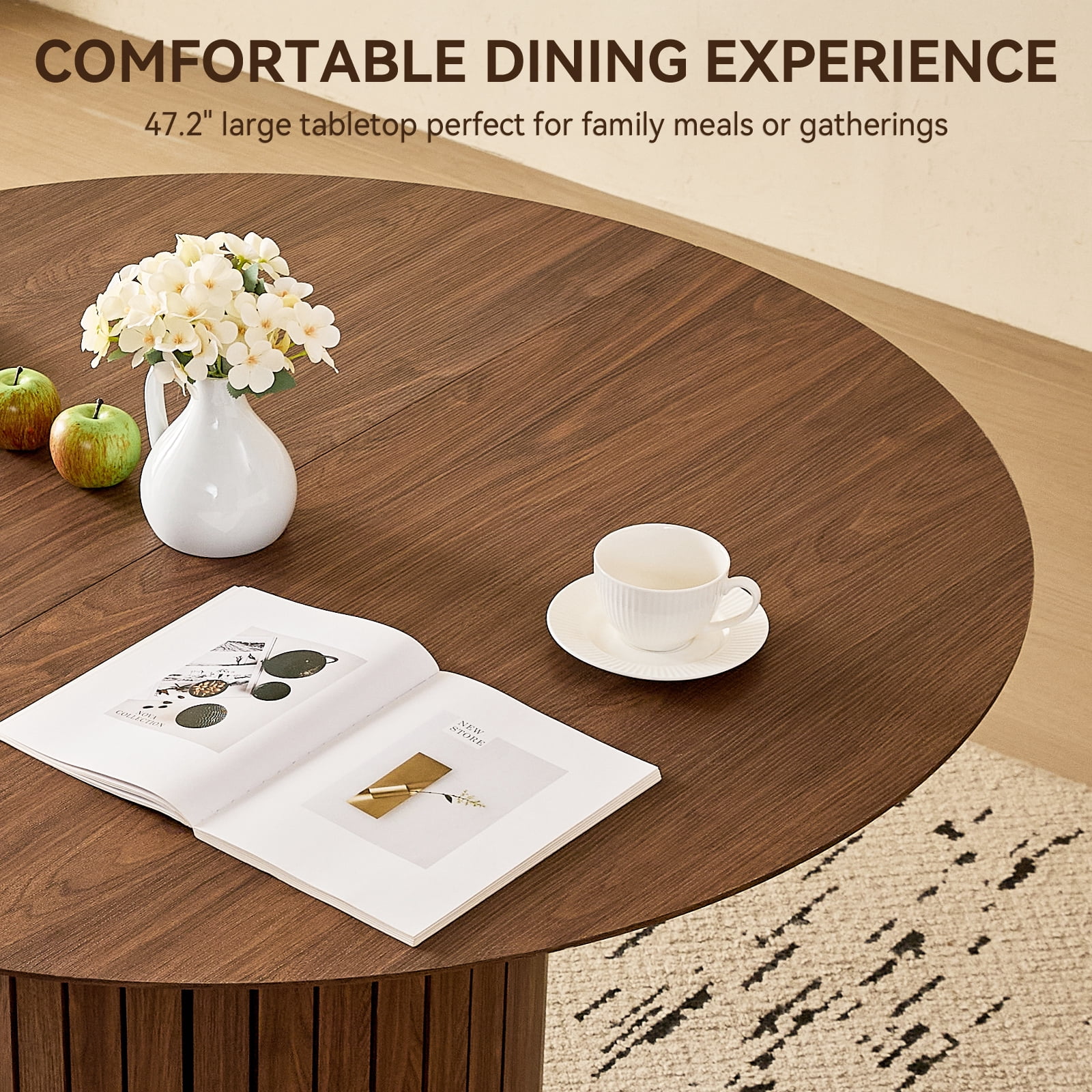 47" Round Dining Table Set of 4, Wood Kitchen Table with 4 Beige Boucle Dining Chairs