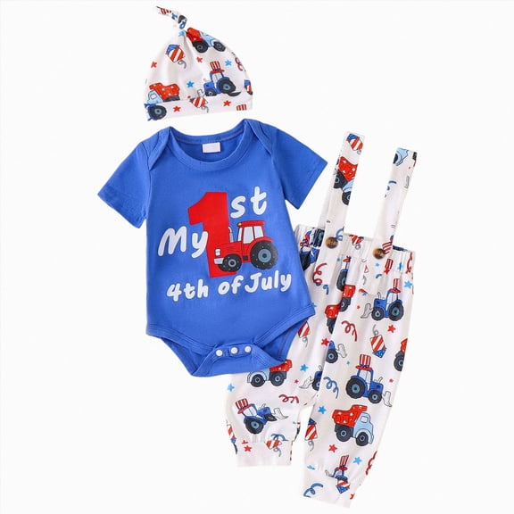 CAUYDY Baby Boys Independence Day Outfits 4Th Of July Infant Short Sleeve Romper Pants Hat 3Pcs Boy 3M 6M 9M 12M 18M Clothes Set (Sizes 3-6 Months,Blue)