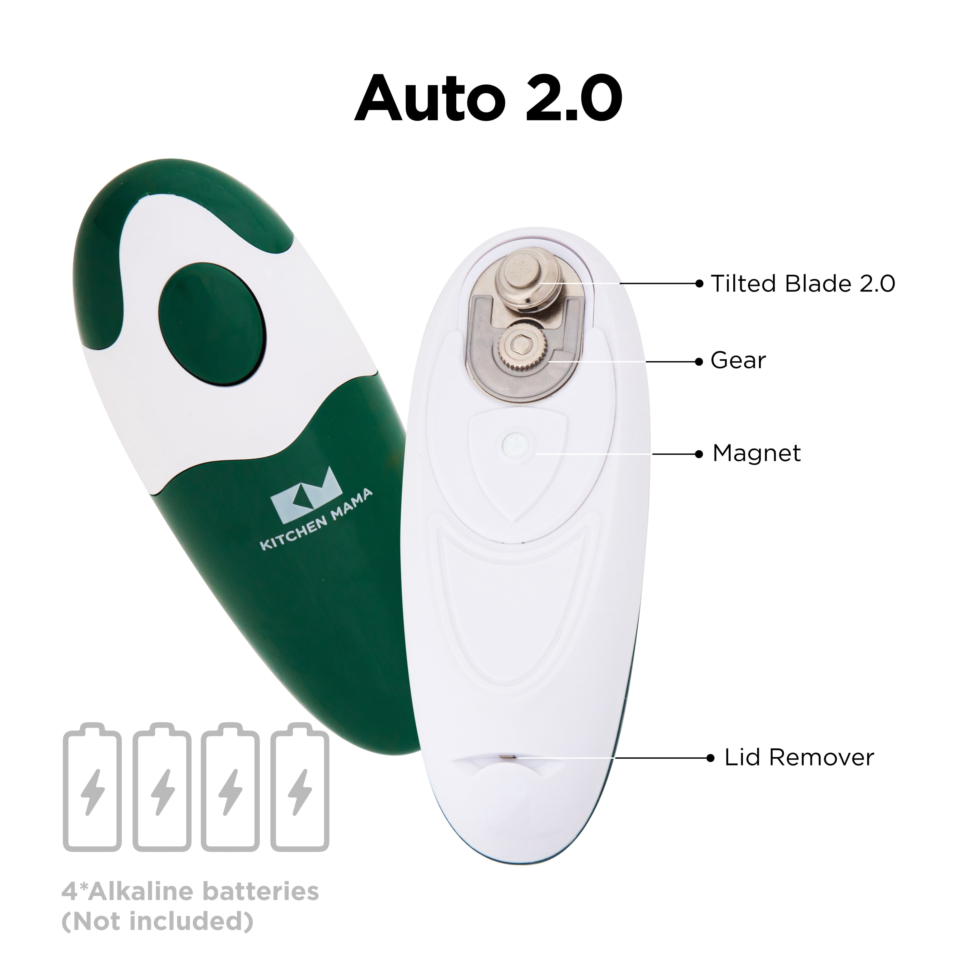 Kitchen Mama Auto 2.0 Electric Can Opener: Safe, Smooth Edge, Battery Operated (Alpine Green)