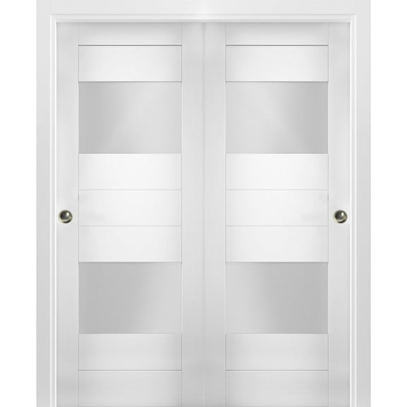 Sliding Closet Opaque Glass 2 Lites Bypass Doors 36 x 80 inches / Sete 6222 White Silk / Rails Hardware Set / Wood Solid Bedroom Wardrobe Doors
