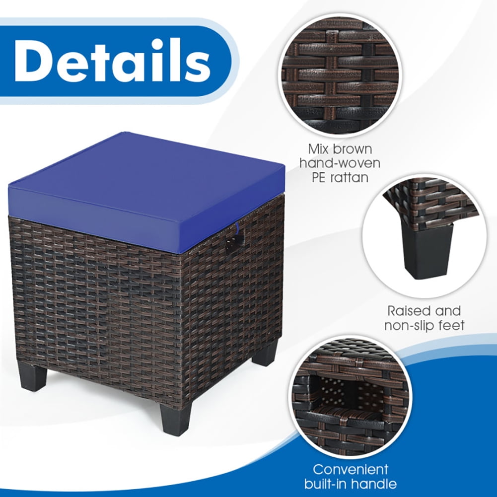 Aimee Lii 2 Pieces Patio Rattan Ottoman Set with Removable Cushions, Outdoor Patio Furniture Set, Navy