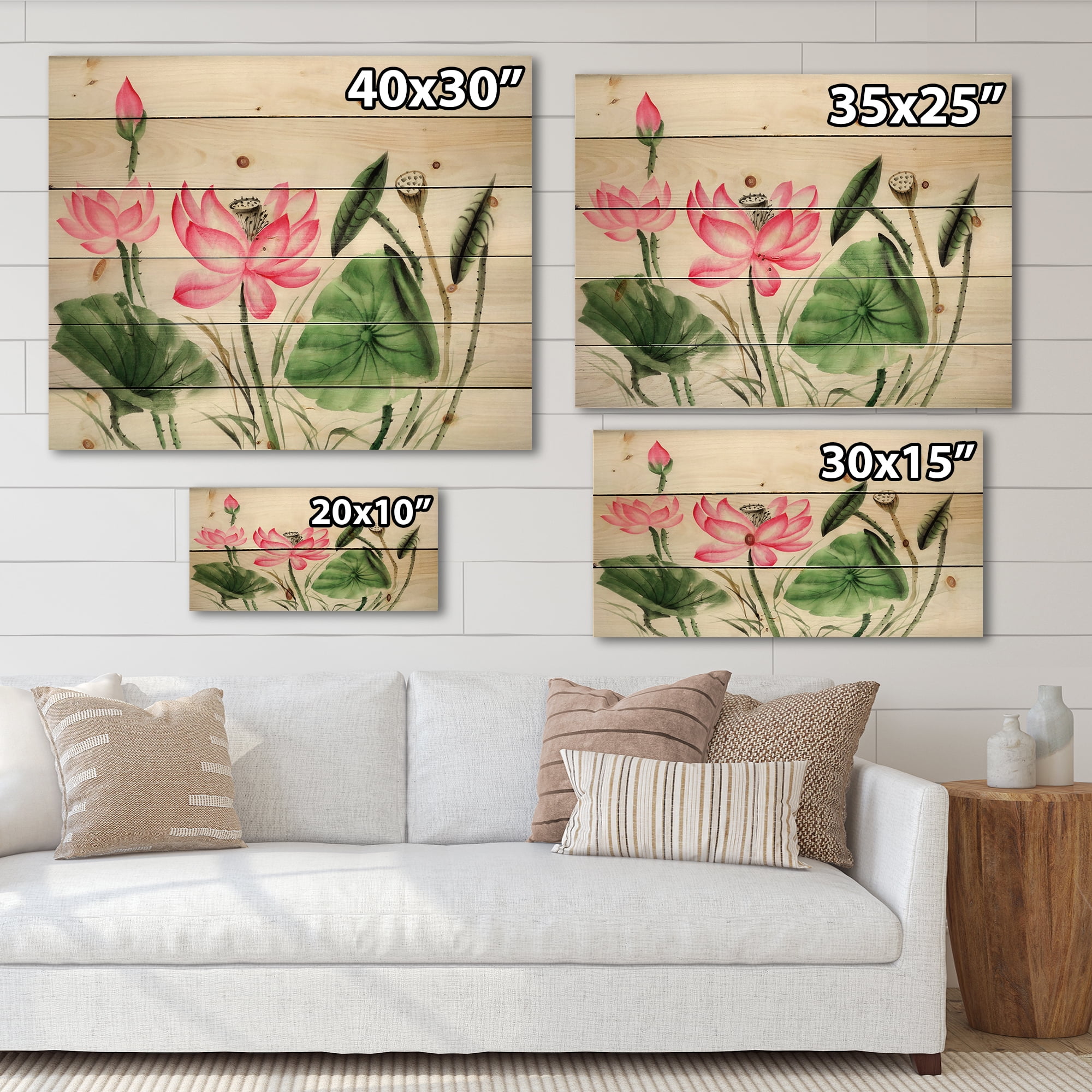Designart 'Ancient Pink Lotuses In The Pond II' Traditional Print on Natural Pine Wood