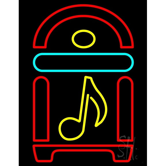 Juke Box With Musical Note LED Neon Sign 24 x 31 - inches, Black Square Cut Acrylic Backing, with Dimmer - Bright and Premium built indoor LED Neon Sign for caf, club, party, event and stroefront.