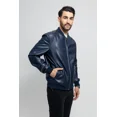thumbnail image 2 of Whet Blu JUSTIN Vegan Faux Leather Fashion Band Collar Lightweight Casual Zip Up Jacket Men Navy Blue Small, 2 of 6