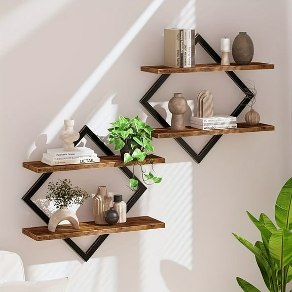 2-Pack Double Layer Geometric Diamond Wall Shelves - Industrial Metal Wire & Wood Floating Display Stands for Living Room Kitchen, Artistic Decorative Shelves