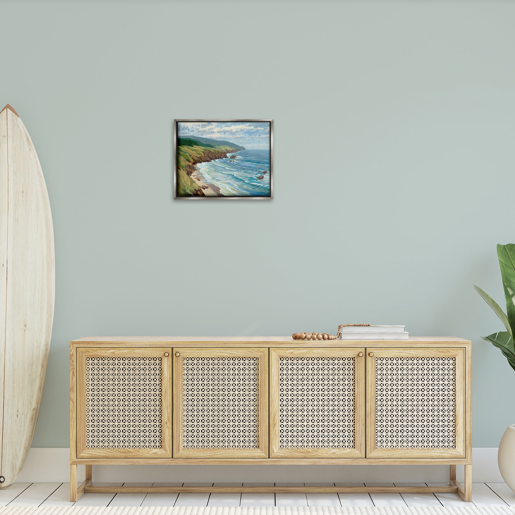 Stupell Industries Overlooking Beach Cliffs Landscape Painting Gray Floater Framed Canvas Art Print Wall Art, 21 x 17