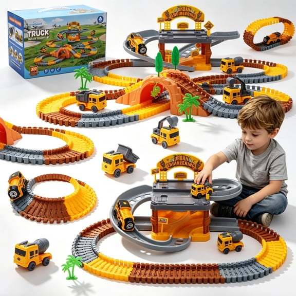 226 PCS Construction Race Track Set, 2-Level Parking Garage, DIY Track with Electric Car & 3 Trucks, Ages 3-12