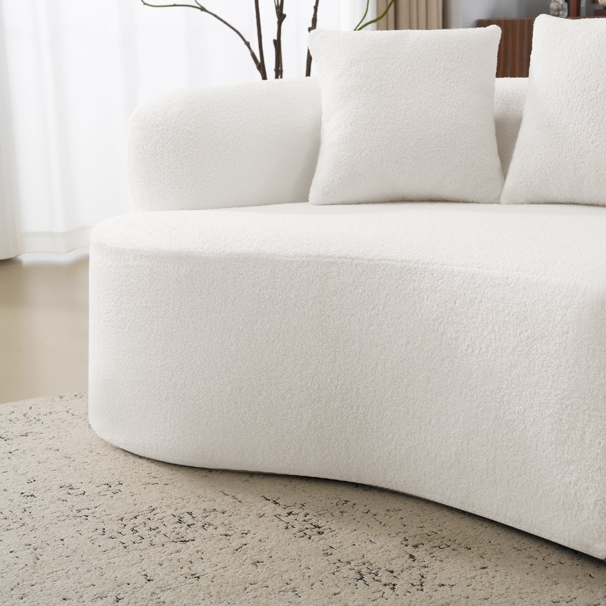 Curved Four Seater Sofa 106.7 Inch, Teddy Velvet Fabric Compression Sponge Couch, No-Assembly Compact Sofa for Apartments, Cloud-Like Comfort, White