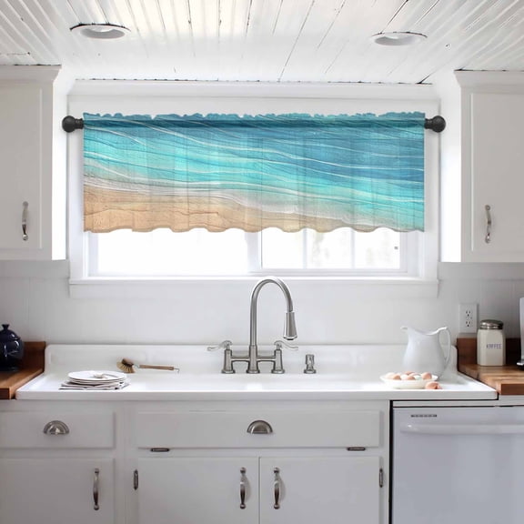 Aqua Ombre Coastal Valance Curtains for Kitchen/Living Room/Bathroom/Bedroom Window, Summer Nautical Beach Ocean Seaside Rod Pocket Small Topper Half Short Window Curtains Voile Sheer Scarf 54"x18"