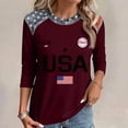 thumbnail image 4 of KDDYLITQ Independence Day Freedom Shirts for Women 4th July American Flag Crew Neck Tops July 4th Red White and Blue Vintage T-Shirts Printed Fashion 3/4 Sleeve Blouses Wine XL, 4 of 5
