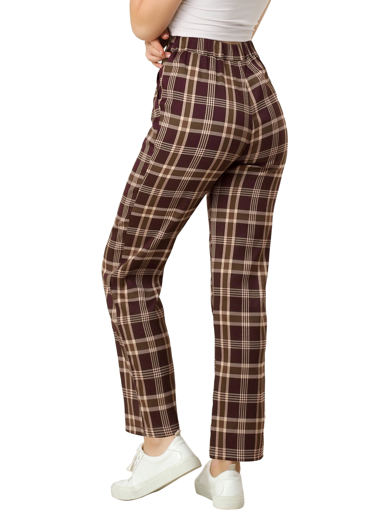 DARING DIVA Women's Plaid Trousers Pockets Straight Leg Casual Pant XL Red Brown
