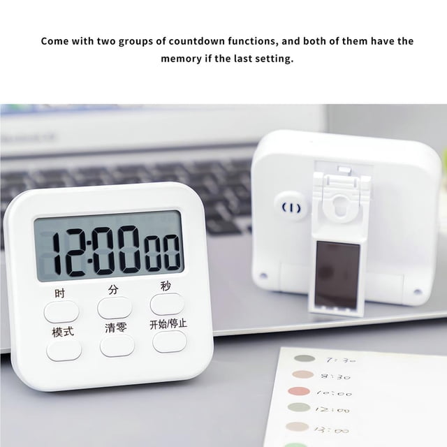 Minuterie de Cuisine 24 Heures Réveil Fort Électronique Compte à Rebours Rappel LCD Numérique Gros Chiffres Cuisson Rappel Horloge avec Fonction Mémoire Clip Portable Minuterie Blanc