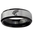 thumbnail image 2 of Bass Fishing 8MM Beveled Edge Gray And Black Tungsten Men Ring, 2 of 2