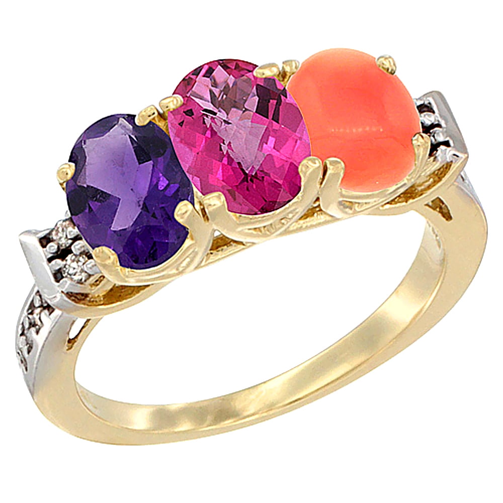10K Yellow Gold Natural Amethyst, Pink Topaz & Coral Ring 3-Stone Oval 7x5 mm Diamond Accent, sizes 5 10 by WorldJewels