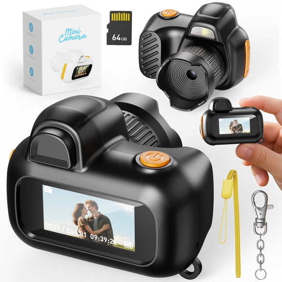 Mini Digital Camera with 64GB Memory Card, 1080P Pocket Camera with Screen, Auto Fill Flash, Rechargeable Portable Camera for Photos and Videos, Black