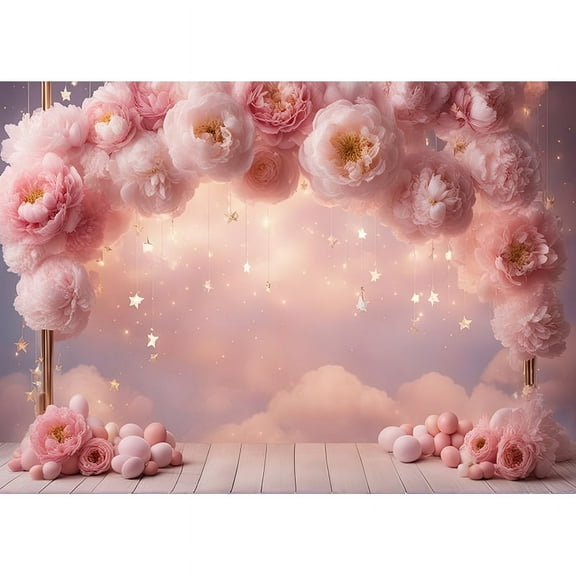 Pink Bear Digital Background for Baby Birthday Cake Smash Studio Photography Backdrops with Pastel Pink Star Background TD-03