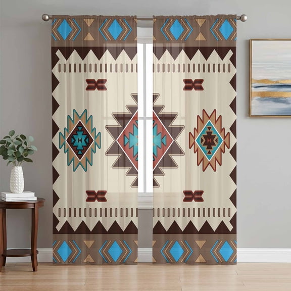 Sheer Curtains 63 Inch Length 2 Panels Set for Bedroom, Boho Southwest Semi Sheer Curtains for Windows, Farmhouse Aztec Tribe Brown Blue Plaid Voile Window Treatments Rod Pocket Curtain